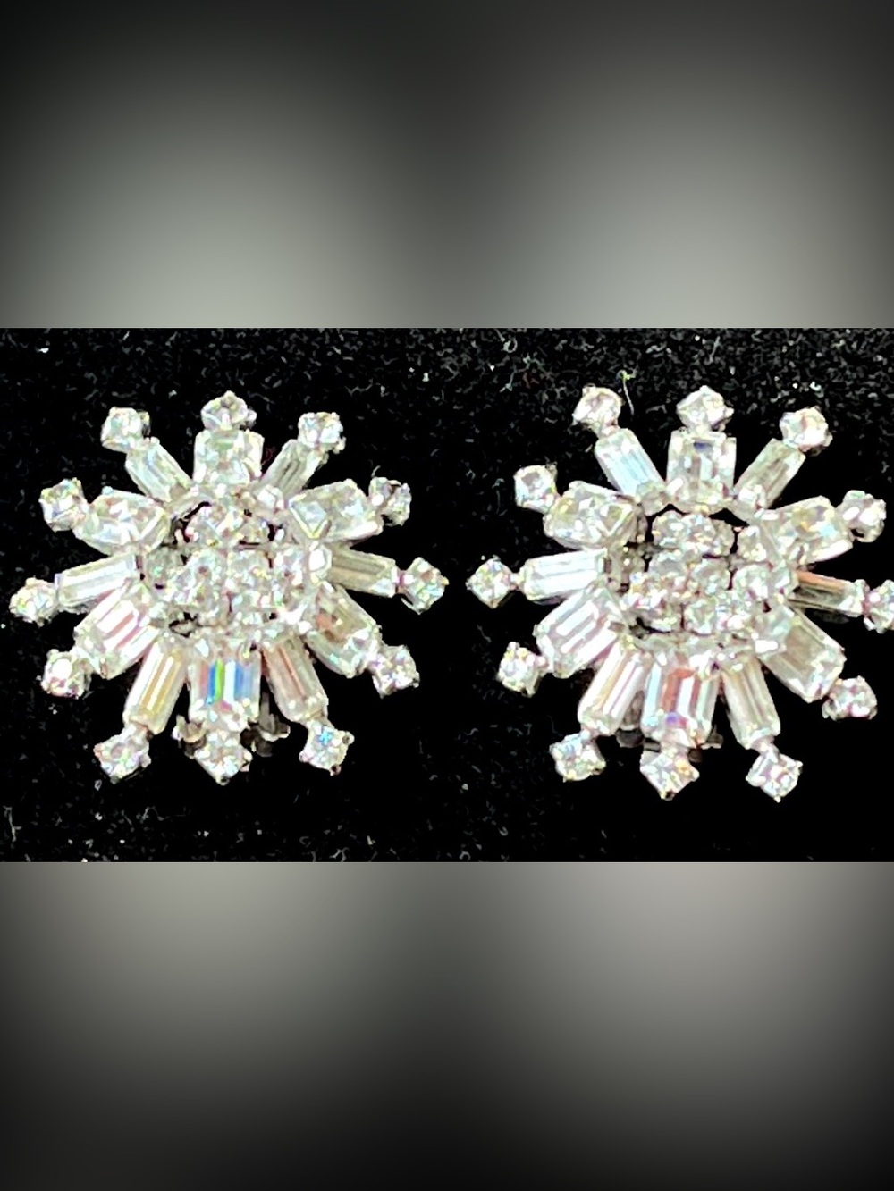 Vintage Kramer Signed Rhinestone Starburst Clip-On Earrings | Mid-Century